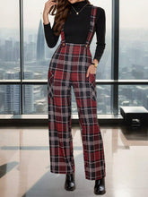 Elegant Women In Winter Vintage Multi Colored Plaid Suspender Straight Leg Pants With Button Decoration
